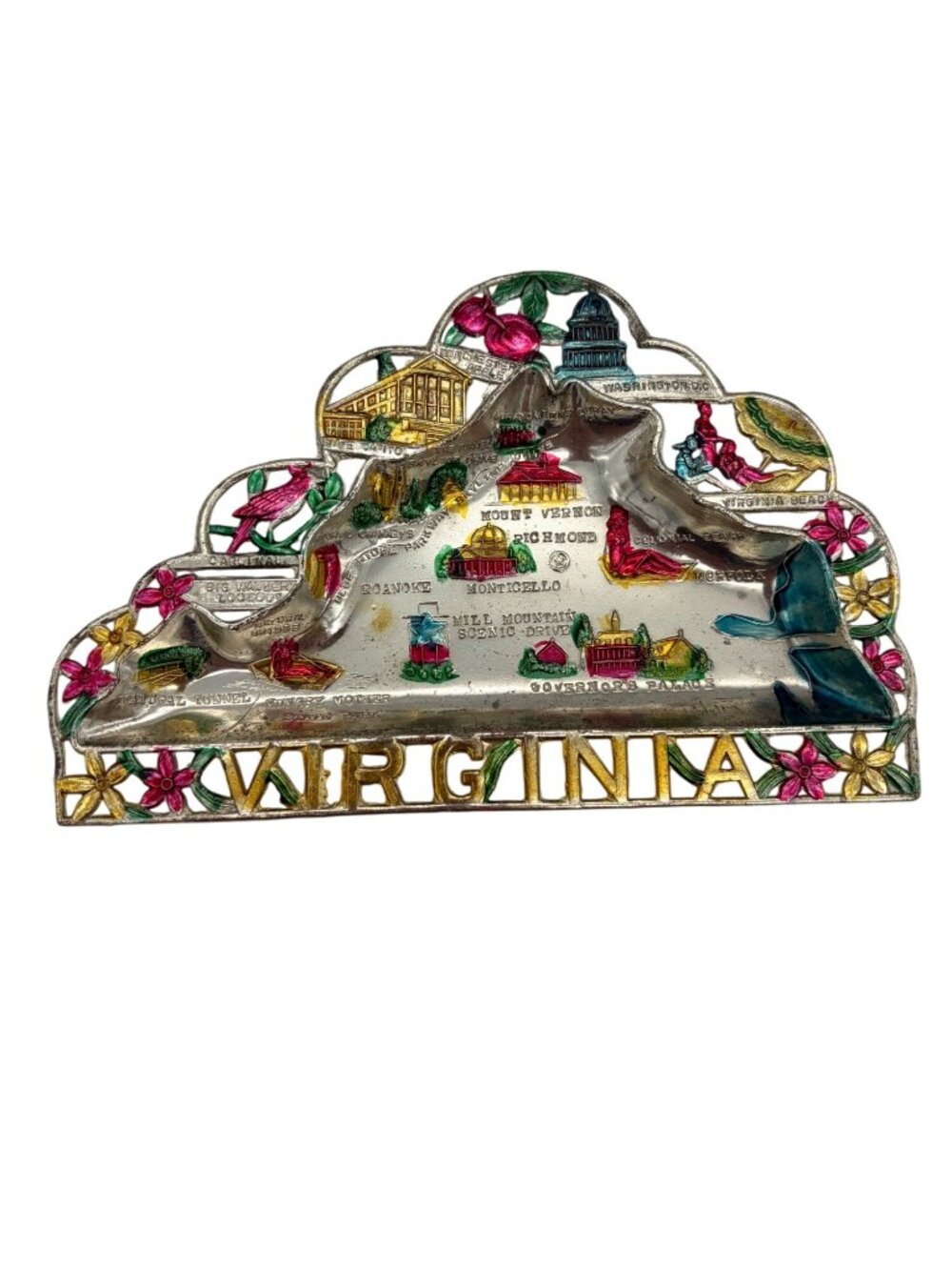 Vintage Virginia Souvenir Ashtray / Trinket Dish Enamel Metal Map Cardinal Japan